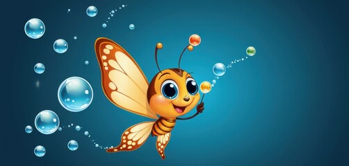  a close up of a bee flying through the air with bubbles on it's back and a bubble in the air behind it's back, with bubbles on a blue background.