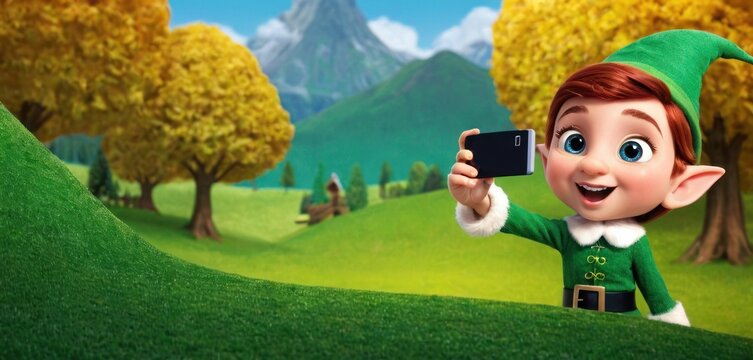  a cartoon elf taking a selfie with a cell phone in front of a green field with trees and a mountain in the background with a snow - capped mountain in the background.
