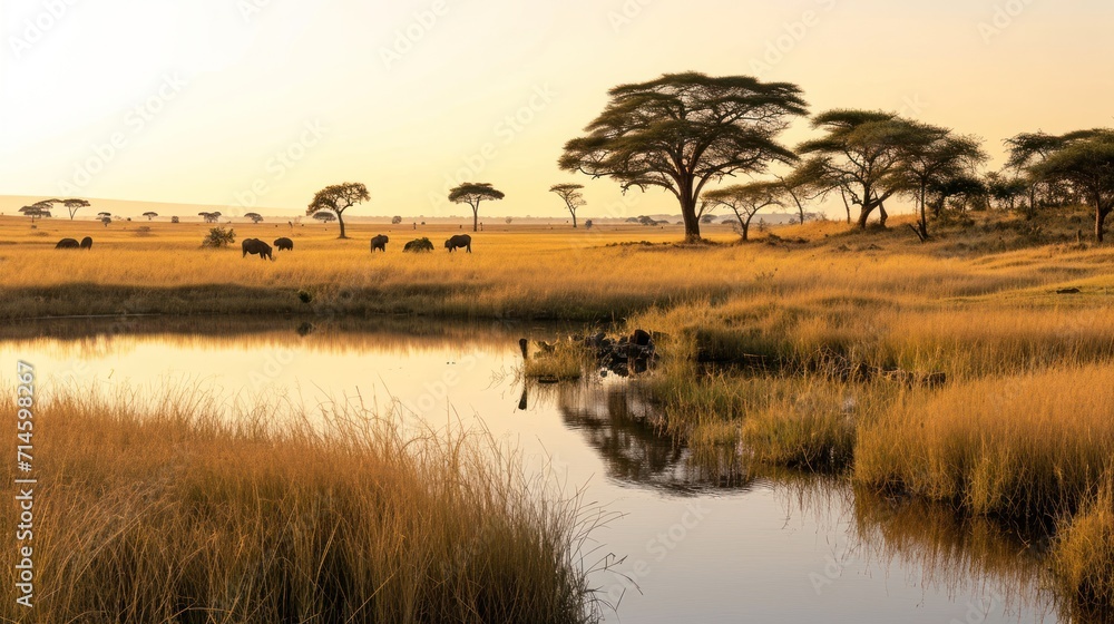 Poster a herd of animals grazing on a dry grass covered field next to a small pond in the middle of a field