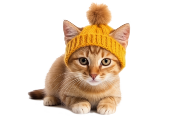 A cute kitten in a yellow knit hat, isolated on a transparent background