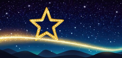  a star that is on top of a hill with a sky in the background and stars in the sky in the foreground, and a trail of stars in the foreground.