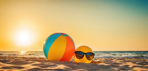 Fototapeta na wymiar a beach ball and sunglasses sitting in the sand on a beach with the sun setting over the ocean and a beach chair in the foreground with the ocean in the background.