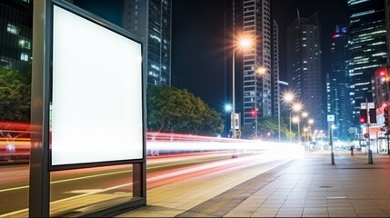 Blank white billboard for mock up on in a busy nighttime city with skyscrapers with moving cars in...