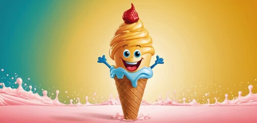  a cartoon ice cream cone with a smiling face and arms up in front of a splash of pink, blue, yellow, and green liquid on a yellow background.