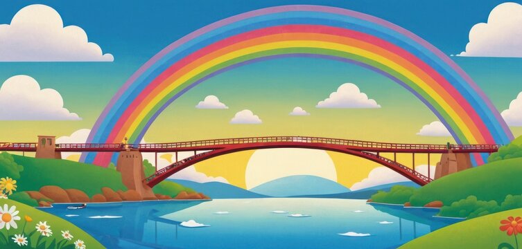  a painting of a bridge over a river with a rainbow in the sky and a rainbow in the sky over the river is a bridge with a rainbow in the sky.