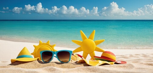  a pair of sun - shaped sunglasses and sun - shaped hats sit on the sand of a beach in front of a blue sky with white clouds and blue water.
