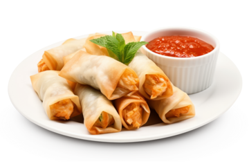 Tasty asian chicken spring rolls on plate with sauce, isolated on a white background