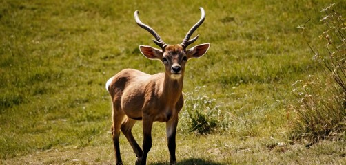 Naklejka na ściany i meble an antelope standing in a grassy field with its large antelope's long horns sticking out of the top of its antlers's ears.