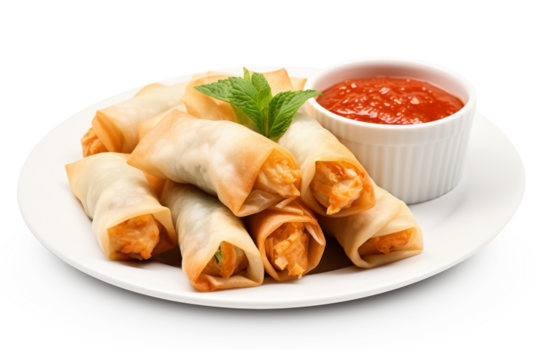 Tasty asian chicken spring rolls on plate with sauce, isolated on a white background