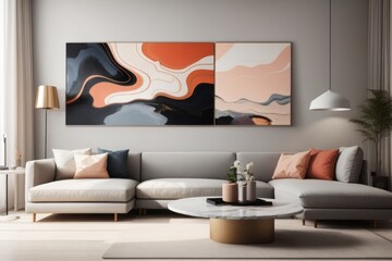 Interior home design of modern living room with gray sofa and abstract art poster on gray wall