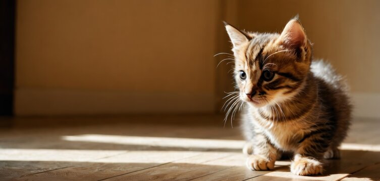  a small kitten sitting on top of a hard wood floor next to a wall with a shadow of it's head on it's side and looking at the camera.