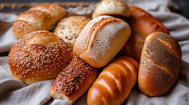  a bunch of different types of breads on a white cloth next to a basket of breads on a tablecloth on top of a table cloth with a wooden table cloth.