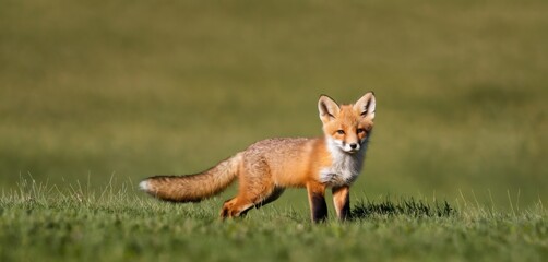  a red fox standing on top of a lush green field next to a field of tall grass and a field of green grass behind it is a grass covered field.