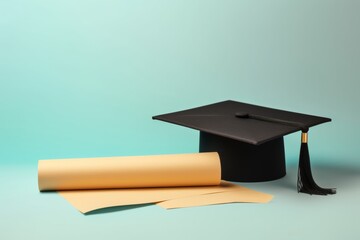 diploma and graduation cap on a pastel blue turquoise background