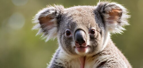  a close up of a koala looking at the camera with a blurry background and a soft focus on the koala's face and chest part of the koala.