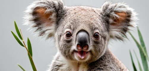  a close - up of a koala's face with its mouth open and green leaves in the foreground and a gray background with a light gray sky.