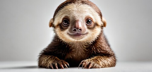  a close up of a baby sloth looking at the camera with a smile on it's face and one paw on the other side of the sloth.