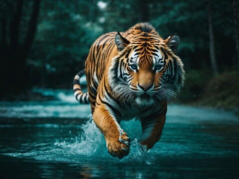 Siberian Tiger running in the water, Panthera tigris altaica