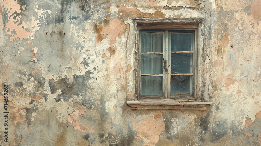 Poster a window on the side of a building with peeling paint on the walls and a broken window pane on the s