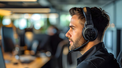 Portrait of young call center operator wearing headset while working in office