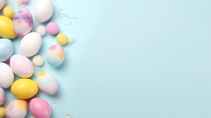 Fototapeta na wymiar Whimsical Easter Bunny Ears on Pastel Blue Background with Copyspace for Festive Holiday Celebrations and Creative Spring Decorations – Happy and Vibrant Easter Concept