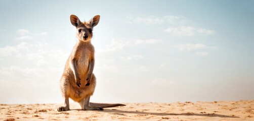  a kangaroo standing on its hind legs in the sand with its front paws on it's hind legs, looking at the camera, with a blue sky in the background.