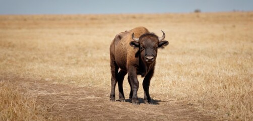  a bison standing on a dirt road in the middle of a field of dry grass and dry grass is in the foreground, with a blue sky in the background.