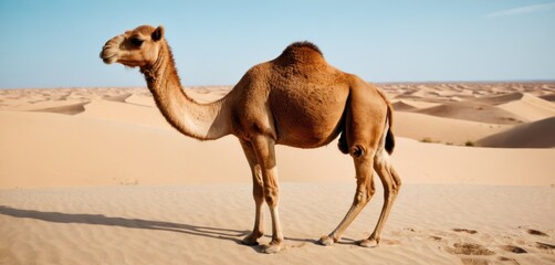  a camel standing in the middle of a desert with sand dunes in the back ground and a blue sky in the middle of the desert with a few clouds in the background.