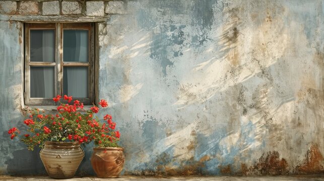 Fototapeta  a potted plant sitting next to a window with a window pane on the side of a building with red flowers in front of a blue wall with peeling paint.