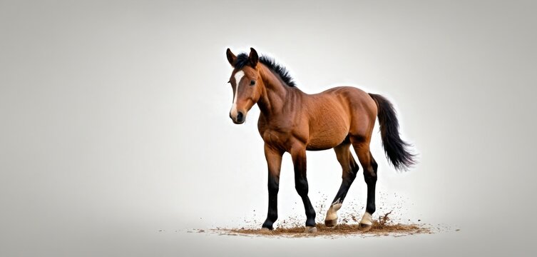  a brown horse standing on top of a dry grass covered field next to a white wall with a black tail and tail sticking out from the top of the horse.
