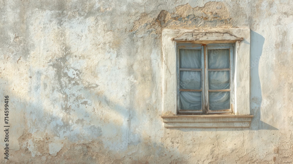 Poster a window on the side of a building with a curtain hanging from it's window sill and a cat sitting on