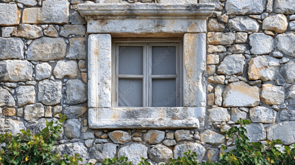 Poster a window on the side of a stone building with a window pane on the side of the building with a bird 