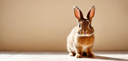  a brown and white rabbit sitting on top of a white tile floor next to a brown wall and a white floor with a light coming through the top of it.