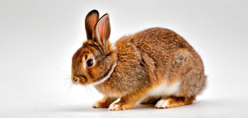  a brown and white rabbit sitting on top of a white floor next to a black and white wall and a white wall with a black spot on it's face.