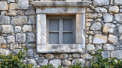  a window on the side of a stone building with a window pane on the side of the building with a bird perched on top of the window sill.