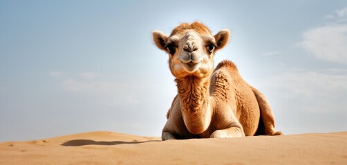  a camel sitting in the middle of a desert looking at the camera with a blue sky in the back ground and a few white clouds in the sky in the background. - obrazy, fototapety, plakaty