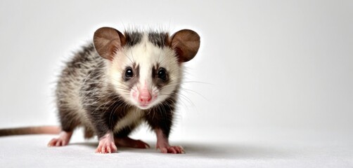  a close up of a small rat on a white background with a black and white rat on the right side of the rat is looking at the camera and the other side of the rat.