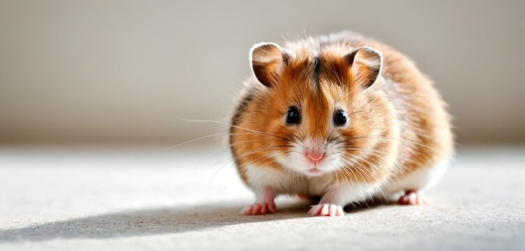  a brown and white hamster sitting on top of a white floor next to a white wall and a black and white wall behind the hamster is looking at the camera.
