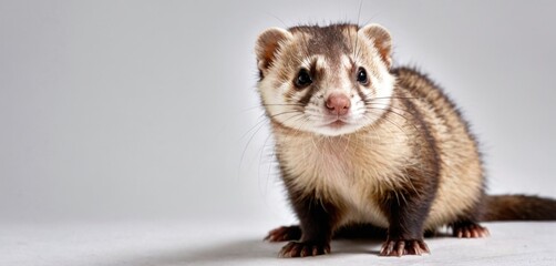  a close up of a ferret on a white background looking at the camera with a surprised look on its face and a white background with a gray back ground.