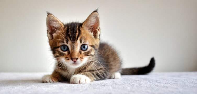  a small kitten with blue eyes laying on a white blanket looking at the camera with a curious look on it's face, with a white wall in the background.