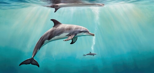  a painting of a dolphin and a dolphin swimming in a body of water with sunlight coming through the water and a dolphin swimming in the water with its mouth open mouth.