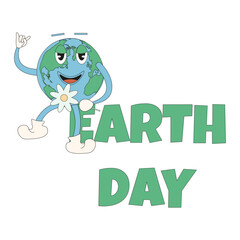 Design Earth Day logo with Planet in trendy Rubber hose retro style. Groovy design Planet character isolated white background. Vector illustration for web design. EPS 10 editable stroke