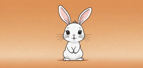  a small white rabbit sitting on top of a brown and orange background and looking at the camera with a sad look on its face, with one eye wide open.