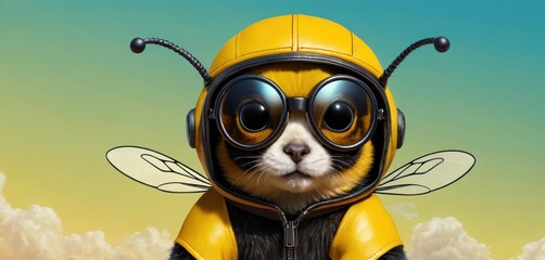  a cat wearing a bee costume with goggles and a pair of glasses on it's face, standing in front of a blue sky with clouds and clouds. - obrazy, fototapety, plakaty