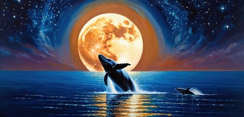  a painting of a dolphin jumping out of the water in front of a full moon with a dolphin jumping out of the water in front of it's surface. - obrazy, fototapety, plakaty