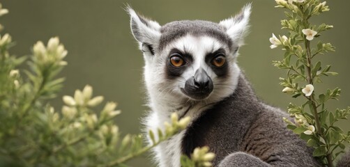  a close - up of a ring tailed lemur looking at the camera with a plant in the foreground and a green background with white flowers in the foreground.