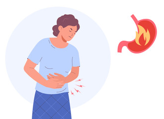 Woman with stomach ache. Diseases of the stomach. Gastritis, stomach acid reflux disease and digestive system problem.