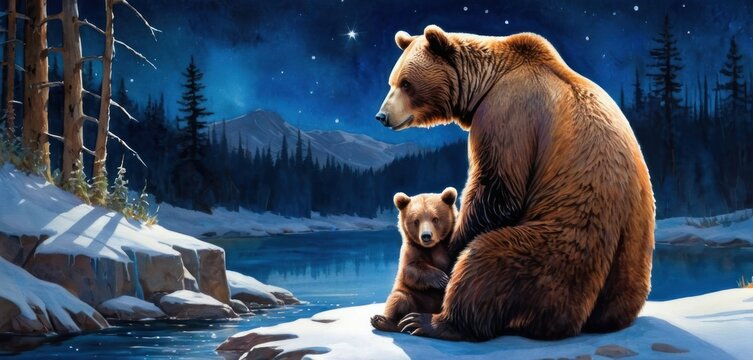  a painting of a mother bear and her cub sitting on a snow covered bank in front of a mountain lake with a night sky full of stars and moon and stars.