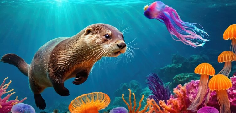  a picture of a sea otter swimming in the ocean with jellyfish and jellyfish on the bottom of the water and on the bottom of the picture is a jellyfish.