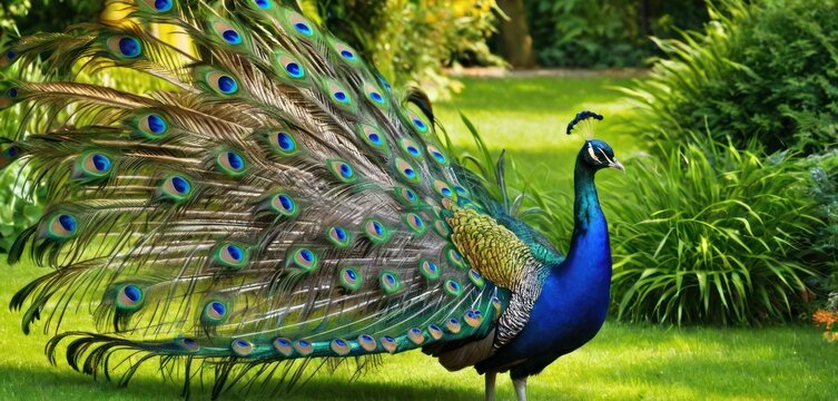  a peacock standing on top of a lush green field next to a lush green grass covered park next to a lush green grass covered forest filled with lots of trees.